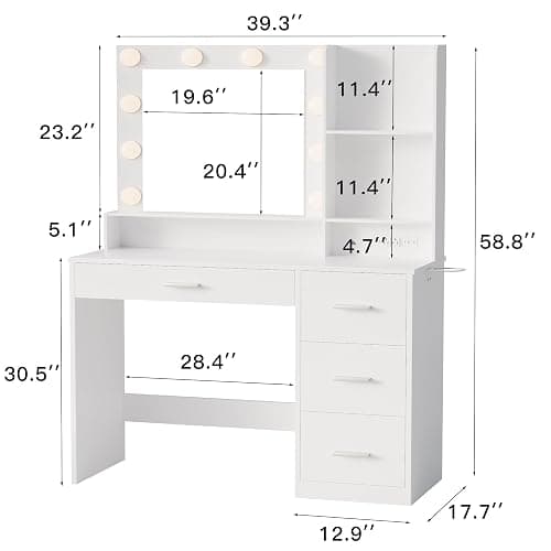 YESHOMY Vanity Desk with Mirror, Power Outlet and 10 Lights, Makeup Table with 4 Drawers, 3 Color Modes Available for Bedroom, Pure White, 39x15.75x59.41 inch thumbnail 3