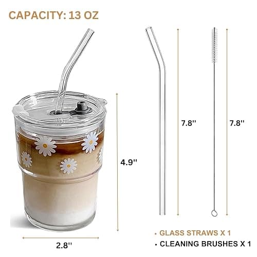 Olvini 13oz Glass Tumbler with Straw and Lid, Reusable Iced Coffee Cup Tumbler, Cute Glass Cups for Water, Matcha, Travel Coffee Mugs (Daisy) thumbnail 3