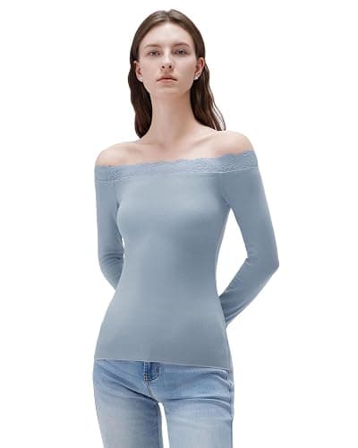 SUUKSESS Cloud Cashmere Women Lace Off Shoulder Long Sleeve Shirt Basic Knit Top - Image 1
