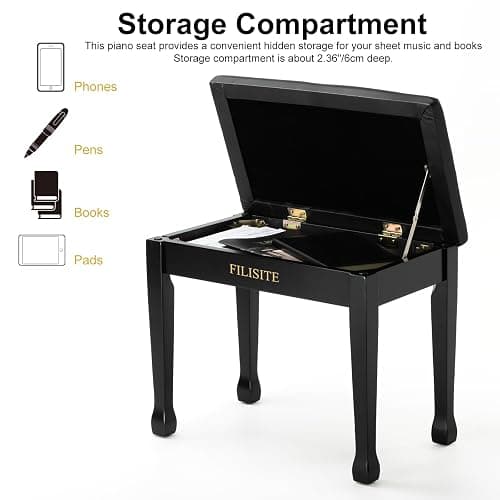FILISITE Wooden Piano Bench with Storage, Piano Stool with Waterproof Padded Cushion, Bench Seat for Vanity, Living Room, Bedroom (Black) thumbnail 4
