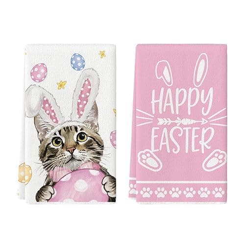 Artoid Mode Pink Rabbit Ears Cat Eggs Happy Easter Kitchen Towels Dish Towels, 18x26 Inch Spring Summer Holiday Decoration Hand Towels Set of 2 - Image 1