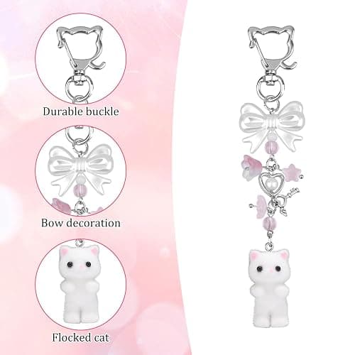 Cat Keychain, Cute Fuzzy Kitty Key Chain White Plush Kitten Charm Keychain with Bow Heart Pendant Stuffed Animal Key Ring for Key Backpack Purse Phone Decor thumbnail 4