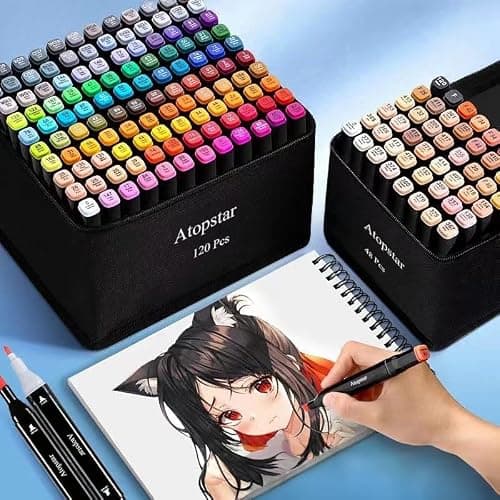 ATOPSTAR 120 Colors Alcohol Markers Artist Drawing, Dual Tip Adult Coloring | Art Markers for Kids; Coloring Marker Set with Fine & Chisel Tips, Color-Coded Caps, Black Carrying Case & Gift Idea thumbnail 2