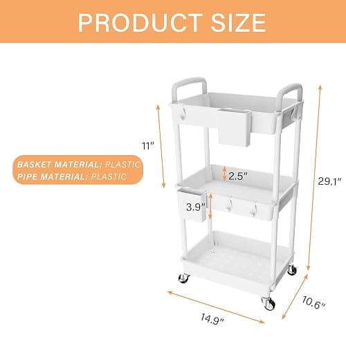 3 Tier Rolling Utility Cart with Handle,REBECAT Utility Cart Made of Multifunctional Storage Organizer Tool for Kitchen,Bathroom,Living Room,Office(White) thumbnail 3