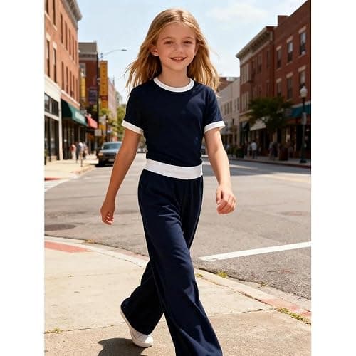 Voxikodex 7-14 Years Girls Sizes 2 Piece Casual Set Ruched Short Sleeve Fitted Waist-Cinched Top & Wide Leg Pants thumbnail 4