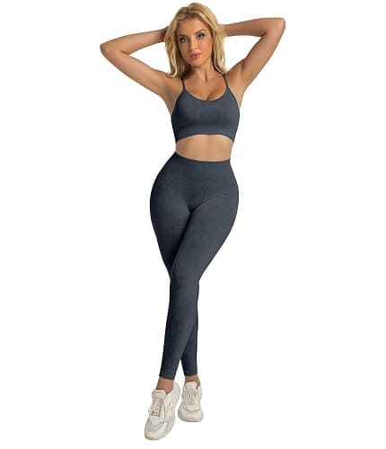 YOAKUKA Women's 4 Piece Workout Sets Seamless Acid Wash Tops Sports Bra High Waist Shorts Leggings Active Set thumbnail 5