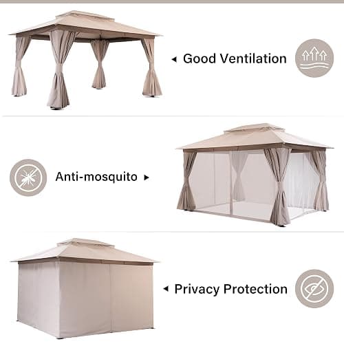 LAUSAINT HOME Semi-permanent Patio Gazebo 10'x13' with Expansion Bolts, Outdoor Heavy Duty Party Shelter with Double Roof, Mosquito Nets and Privacy Screens for Backyard, Garden, Lawn, Champagne Khaki thumbnail 9