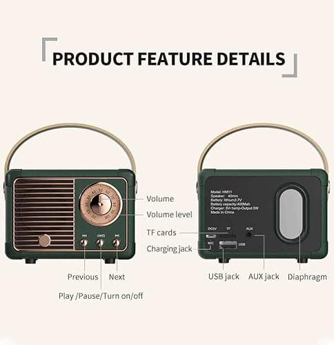 Dosmix Retro Bluetooth Speaker, Vintage Decor, Mini Wireless Bluetooth Speaker, Cute Old Fashion Style for Kitchen Desk Bedroom Office Party Outdoor Accessories for iPhone Android (Green) thumbnail 7