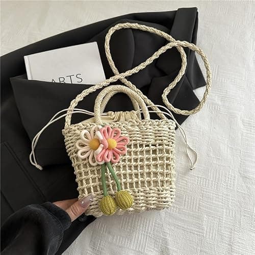 Straw bag, Personalized Flower Straw Crossbody Bag for Kids,little girl purses,Christmas Birthday Gift for Girl Her thumbnail 3