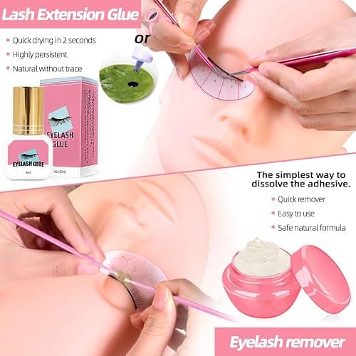 Lash Extension Kit Professional Eyelash Extensions Supplies Training for Beginners Mannequin Head Grafting Lash USB Fan Lash Shampoo Brush Spraye 0.07D Curl Mix 8-15mm Practice Eyelash Strips thumbnail 5