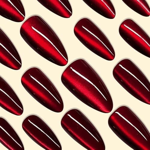 KQueenest Dark Red Press on Nails Cat Eye, Burgundy Glitter Press on Nails Almond Medium, Sparkly Shiny Fake Nails Set, Cute Bling Glue on Nails Medium for Women Christmas, Gothic Design, 30 Pcs thumbnail 5