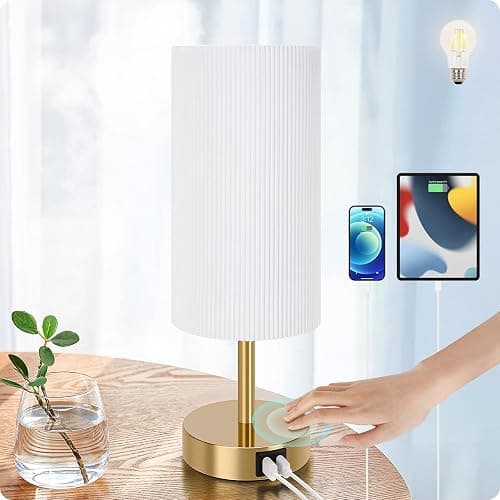 Bedside Lamp with USB port - Touch Control Table Lamp for Bedroom Wood 3 Way Dimmable Nightstand Lamp with Round Pleated Shade for Living Room, Dorm, Home Office (LED Bulb Included) (Pleated) - Image 1