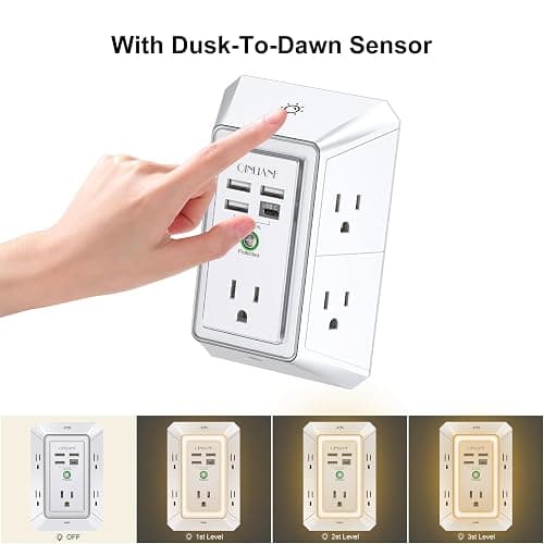 3-Sided Outlet Extender with Night Light - QINLIANF Multi Plug Outlet with 5 Outlets and 4 USB Ports(1 USB-C), USB Wall Charger for Home, Office, Travel, ETL Listed, White thumbnail 4