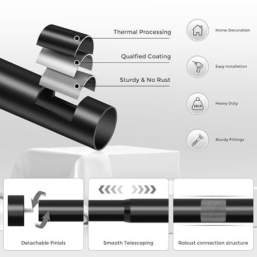 VOIIY Curtain Rods for Windows 48 to 84 Inch(4-7 Feet),Black 1'' Diameter Drapery Rods with End Cap Style Design,Modern Adjustable Heavy Duty Curtain Rod,Size:36''-88'' thumbnail 7