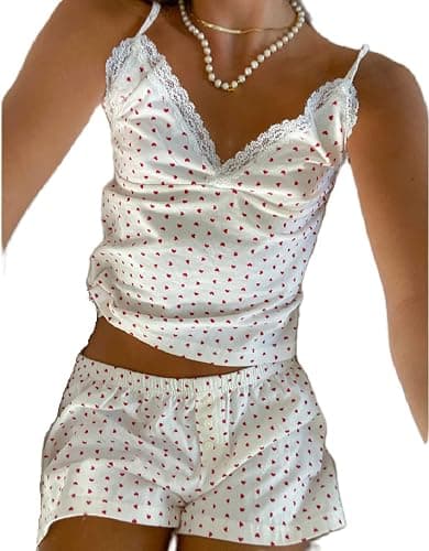 Seyurigaoka Women Y2k 2 Piece Lace Shorts Set Sleeveless V Neck Cami Top with Shorts Pajamas Sets Sleepwear - A Heart Print White - Small - Image 1