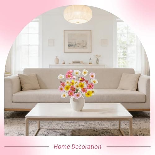Wenhuidr 12PCS 36Heads Artificial Poppy Flowers with Stems, Silk Iceland Poppies Fake Flowers, Faux Poppy Bouquet for Wedding Table Arrangements Party Floral Display Home Decor (White+Yellow+Pink) thumbnail 7