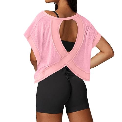 UNIANKIYA Open Back Workout Tops for Women Loose Fit Athletic Crop Tee Short Sleeve Gym Running Yoga Shirt - Image 1