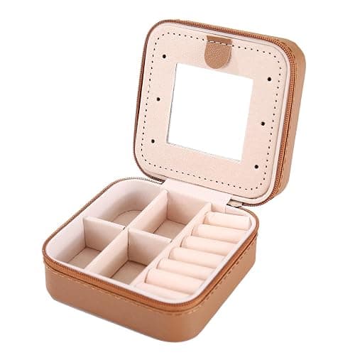 KElofoN Travel jewelry case Travel jewelry box Travel Jewelry Organizer Small Jewelry Organizer Box Gift for Girls Women with Mirror(Coffee) thumbnail 5