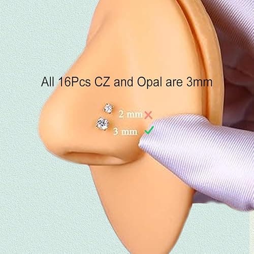 SEEDRILL Nose Rings Studs for Women 16Pcs 18g/20g Nose Studs Hypoallergenic 316L Surgical Steel Nose Piercings Jewelry 3mm CZ & Opal Nose Ring L Shape Nose Stud 20 Gauge Nose Screw Studs thumbnail 7