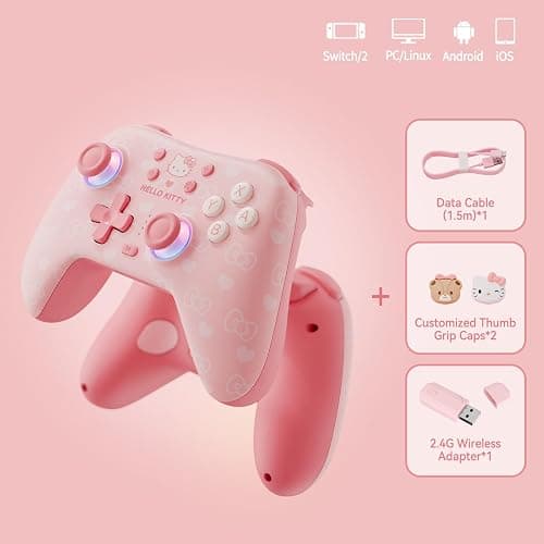 Kuitmor Pink Switch Controller,Hello Kitty Hall Effect Controllers Wireless for Switch 2/1/OLED/Lite,PC,Android,iOS | 2.4G Receiver + Bluetooth,1000mAh Battery,6-Axis Gyro,Dual Vibration,RGB Breathing Light thumbnail 3