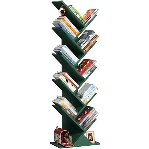 SHEEPAM 10 Tier Tree Book Shelf, Floor Standing Wood Bookshelf for Narrow Space, Storage Organizer Bookshelves for Books/CDs/Magazine, Bookcase with Shelves for Home Office, Living Room - Image 1