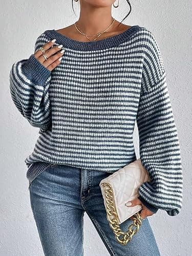 Women's Oversized Striped Sweater Casual Off The Shoulder Sweater Fall Long Sleeve Loose Knit Pullover Jumper Tops thumbnail 2