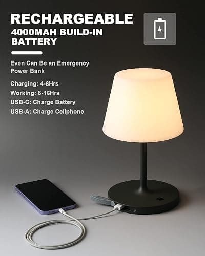 WEILAILUX Outdoor Battery Operated Table Lamp Waterproof, 4000mAh Cordless Table Lamp Rechargeable, Touch Dimmable Desk Lamp, LED Night Light for Patio Camping Restaurant Home, H9.6in, Dark Grey thumbnail 6