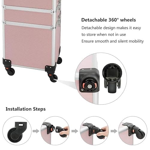 mefeir 4 in 1 Rolling Makeup Train Case, Aluminum Makeup Travel Organizer Cosmetic Case, Cosmetology Display Suitcase on Wheels, Beauty Storage Luggage Lockable w/4 Removable Wheels (Pink) thumbnail 7