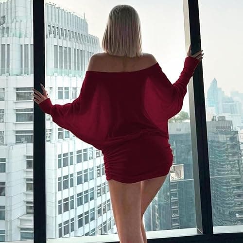 Chvity Women's Fashion Sheer Off The Shoulder Mini Dress Loose Batwing Ruched Casual Party Club Night Out Dress thumbnail 5