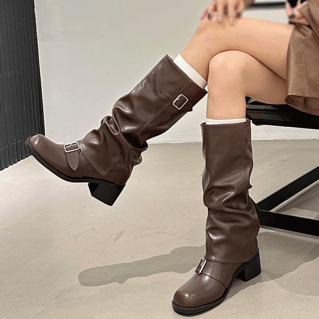 Women's Slouchy Knee High Boots,Round Toe Length Boot,Female All-Match Trendy Shoes,Winter Fall Chunky Metallic Buckle Boot thumbnail 7