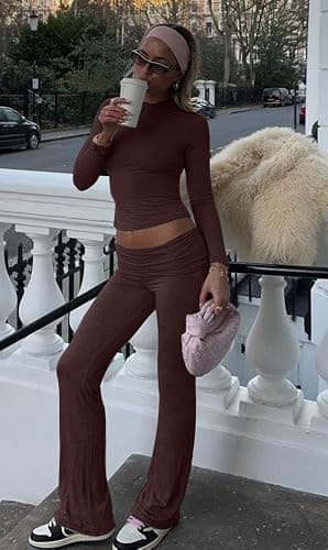 AYWA Women's 2 Piece Outfits Foldover Flare Pants Long Sleeve Crew Neck T-shirt Fitted Pajama Sets thumbnail 2