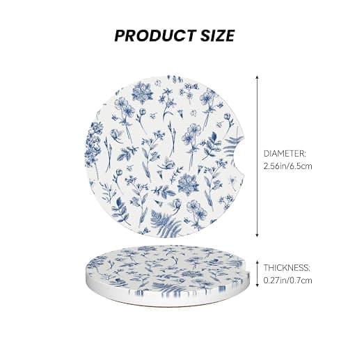Vintage Blue Flower Car Coasters for Cup Holder Absorbent Ceramic Cup Coaster 2 Pack Anti Slip Car Interior Accessories with Finger Notch Cork Base for Women Men 2.56" thumbnail 2
