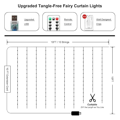 HOLITS 2 Pack Fairy Curtain Lights Upgraded Tangle-Free Warm White USB Plug in 8 Modes String Hanging Lights with Remote for Christmas, Bedroom, Indoor, Outdoor, Weddings, Party (10 FTx10 FT) thumbnail 4