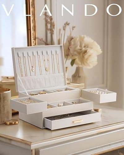 Vlando 3 Layer Jewelry Box - Women Jewelry Box with Retractable Tray - Jewelry Organizers with Drawer for Necklaces, Rings, Bracelets, Earrings, Gift for Couples Mom Girls - Could White thumbnail 2