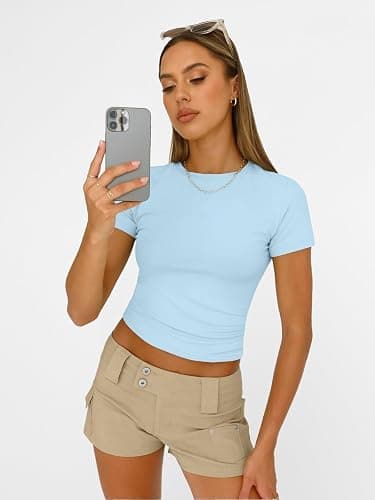 AUTOMET Women's Crew Neck Short Sleeve Basic Stretchy Tight Fitted T-Shirt thumbnail 3