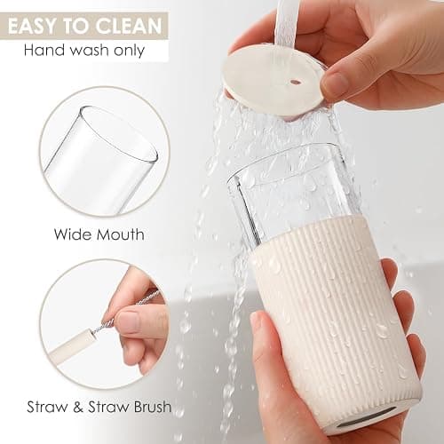 SANDJEST Glass Tumbler with Straw and Lid, Glass Water Bottle with Silicone Sleeve 20oz, Smoothie, Iced Coffee Cup, Gifts for Women Teen Girls Birthday Christmas (Cream) thumbnail 4