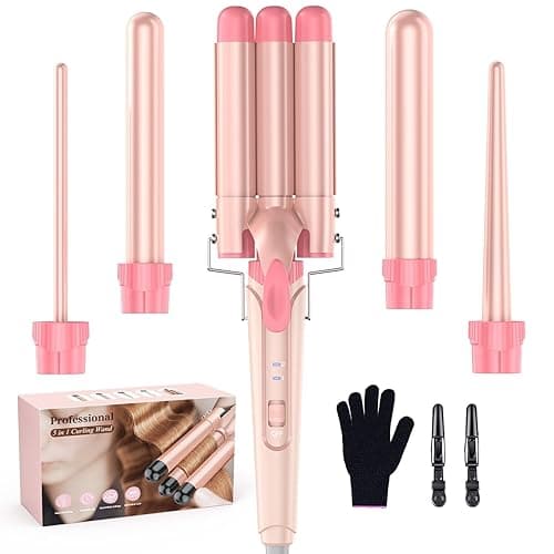 Waver Curling Iron Curling Wand - BESTOPE PRO 5 in 1 Curling Wand Set with 3 Barrel Hair Crimper for Women, Fast Heating Crimper Wand Curler in All Hair Type, Women Gifts - Leather Pink - Peachy - Curling Iron (0.35"-1.25")