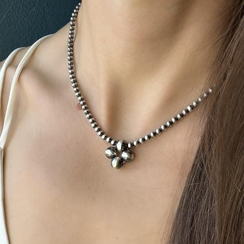 925 Navajo Pearl Style Necklace for Women - Sterling Silver 4 mm Hand Beaded Necklace Southwestern Western Jewelry Handmade in the USA thumbnail 3