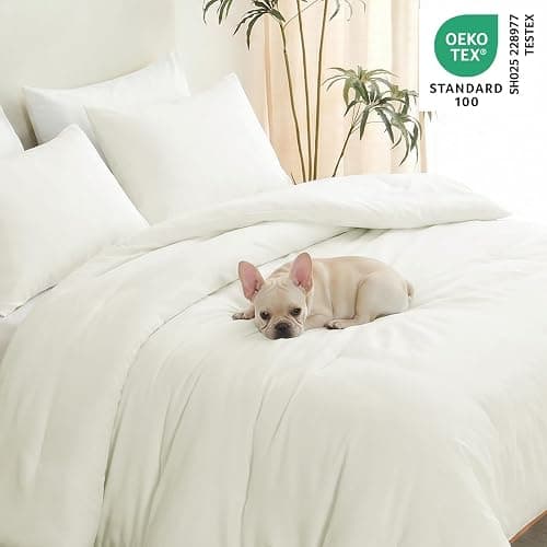 CozyLux Full Size Comforter Set Ivory, 3 Pieces Lightweight Down Alternative Quilted Bedding Sets, All Season Soft Breathable Solid Comforter with 2 Pillowcases, Luxury Soft Bed Set for Home thumbnail 4