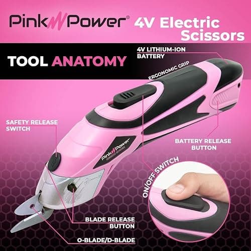 Pink Power Cordless Electric Scissors Fabric Cutter for Crafts, Box, Sewing, Carpet, & Scrapbooking - Heavy Duty Professional Rotary Shears Cutting Tool - Automatic Cardboard Cutter Fabric Scissor thumbnail 2