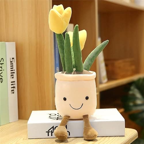 WUZHOU Tulip Plush Toy, 13.7" Flower Pot Stuffed Plushie Pillow Decoration, Soft Fluffy Toy Succulent Plants Friend Throw Pillow, Multicolor (Yellow-Tulip) thumbnail 2