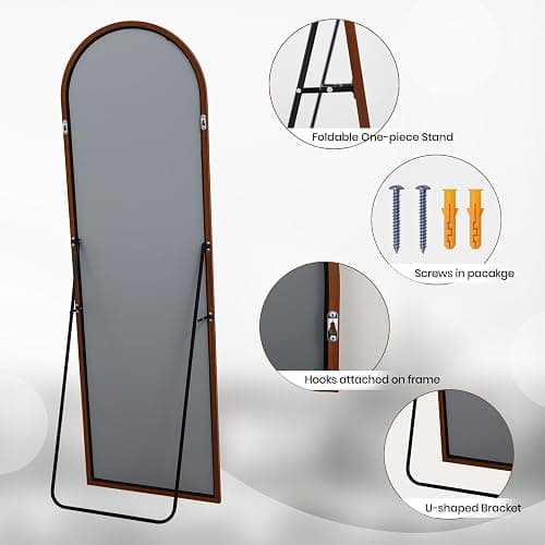 Arched 19x57 Inch Full Length Mirrors Aluminium Frame in Retro Reddish Brown Wood Looking Free Standing Floor Mirror Full Body Wall Mounted for Bedroom Living Room and Hallway thumbnail 5