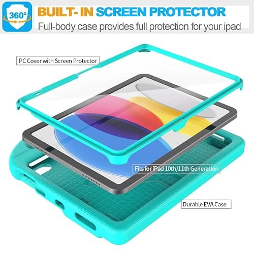 SUPLIK Kids Case for iPad A16 11-Inch 2025 (11th Gen) & iPad 10th Generation (10.9" 2022), Durable Shockproof Stand Cover with Screen Protector/Pencil Holder/Handle for Kids, Cyan thumbnail 6