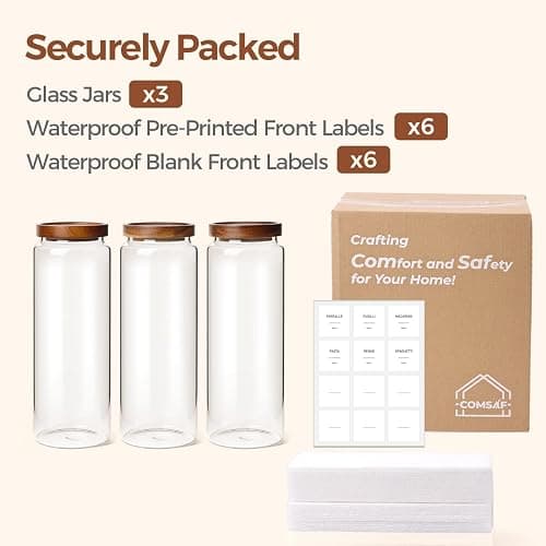 ComSaf Glass Pasta Storage Containers with Acacia Wood Lids 1.7Qt 3Pack | 11.3in Tall jar, for Cooks, Spaghetti Pasta Oats Cereal Beans, Kitchen Pantry Cabinet, Long Canisters with Labels, Durable thumbnail 8