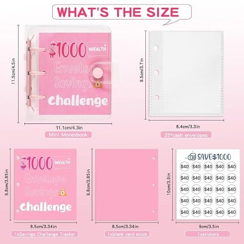 RSORGN Mini Money Saving Challenge Binder, Portable Budget Book with Cash Envelopes to Save $1000 for Home Office School Finance Planning (Pink) thumbnail 3