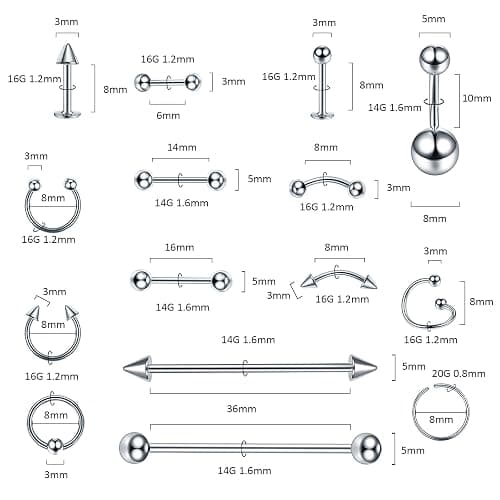 Oveta 55-150PCS Body Piercing Jewelry Lot 14G 16G 20G Stainless Steel Nose Lip Tongue Cartilage Tragus Eyebrow Industrial Barbell Belly Button Rings Piercing Kit Jewelry thumbnail 3