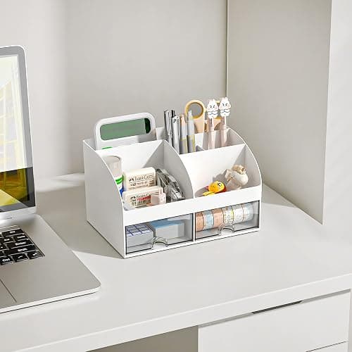 COMFYROOM Desk Organizer with 6 Compartments and 2 Drawers, Plastic Makeup Organizer, Pen Holder for Desktop Storage, Desk Organization for School, Home, Office Supplies (White) thumbnail 5