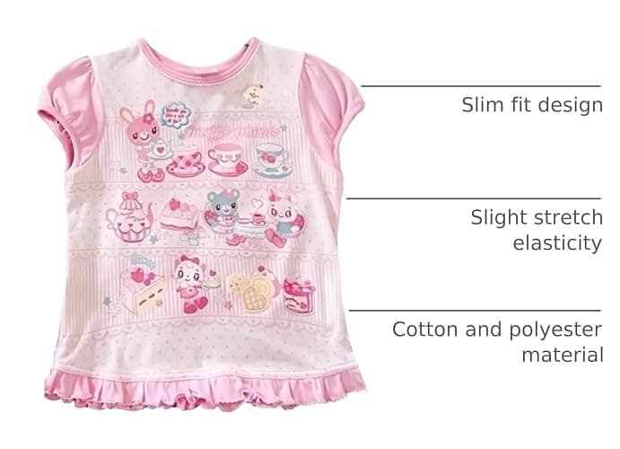 Sweet Crop Top Cartoon Print Harajuku Contrast Color T-Shirt Women Y2k Aesthetic Slim Ruffled Tee thumbnail 3