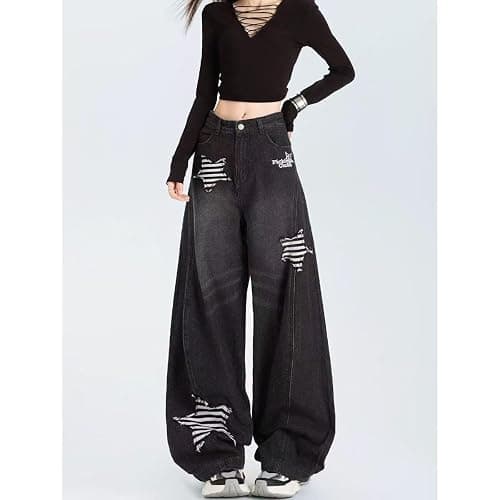 INFENU American Men's Women's Retro Star Patch Wide Leg Jeans, Personalized Design Loose Y2K Hip-hop Couple Casual Pants thumbnail 2