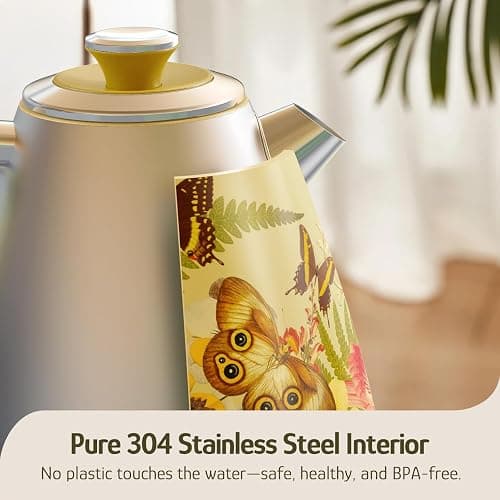 Hazel Quinn X Eduardo Recife Electric Kettle - 1200W Fast Water Boiling, 1.7L/57oz, All 304 Stainless Steel Interior, BPA-Free, Auto Shut-Off, Cordless Retro Teapot with Thermometer - Floral Patterned thumbnail 8